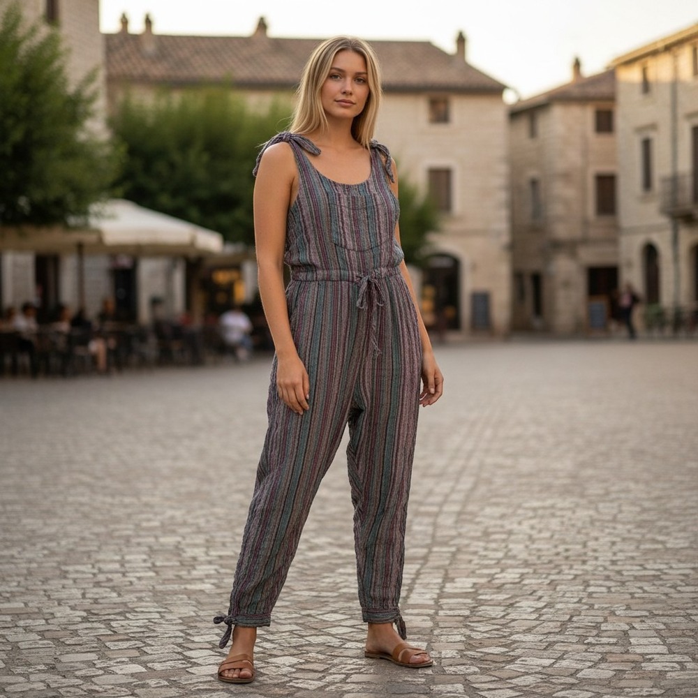 Lakhays Overalls Women's M/L Multicolor Striped Boho Tie Strap Jumpsuit